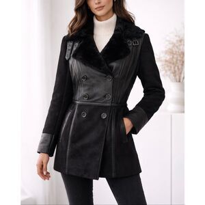 Blue Duck Cashmere Wool Shearling Leather Coat Double Breasted Fur Collar Luxury
